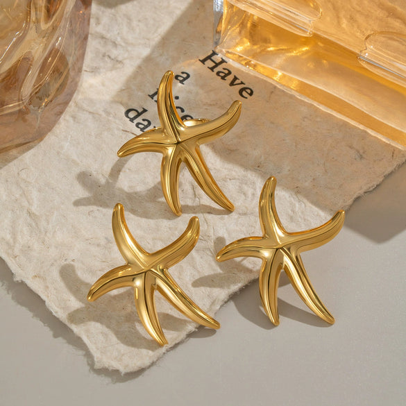 Wholesale Stainless Steel Starfish Earrings And Rings With Electroplating For Women Niche Light Luxury Seaside Accessories
