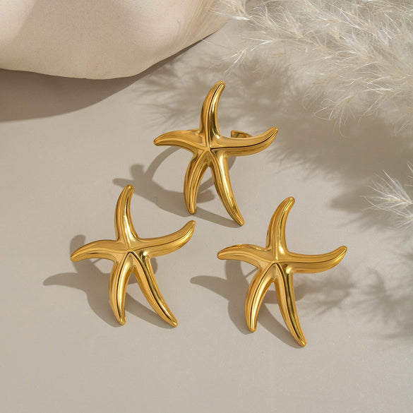 Wholesale Stainless Steel Starfish Earrings And Rings With Electroplating For Women Niche Light Luxury Seaside Accessories