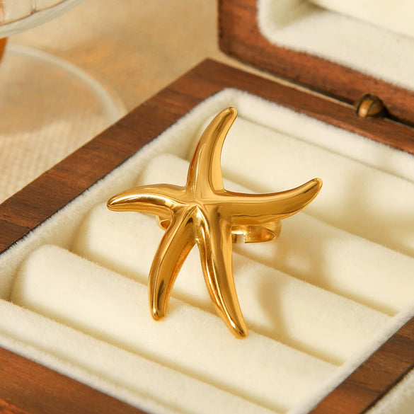 Wholesale Stainless Steel Starfish Open Ring Ins Ocean Style Animal Geometric Pattern Electroplated Hand Jewelry For Women