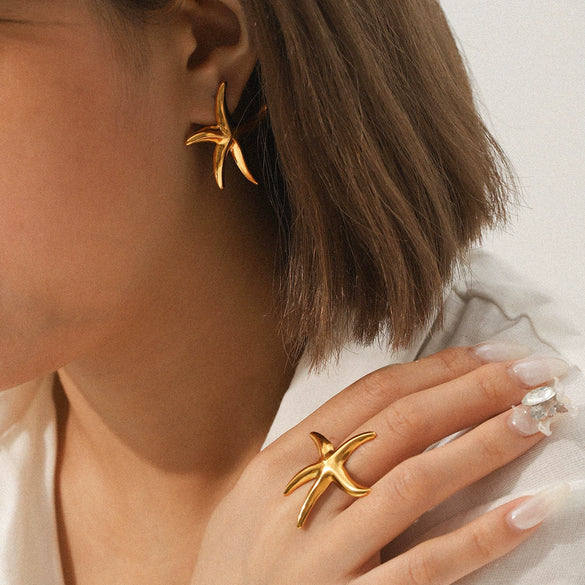 Wholesale Stainless Steel Starfish Open Ring Ins Ocean Style Animal Geometric Pattern Electroplated Hand Jewelry For Women