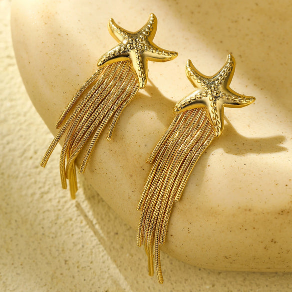 Wholesale Stainless Steel Starfish Tassel Earrings Vacuum Electroplated For Women
