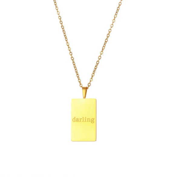 Wholesale Stainless Steel Sweater Chain Necklace With Square Pendant And Letter Pattern Vacuum Plated