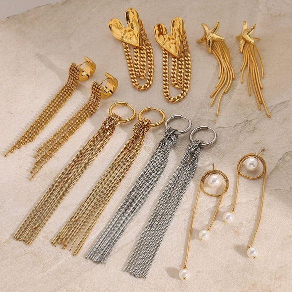 Wholesale Stainless Steel Tassel Earrings With Geometric Design And Electroplating For Women