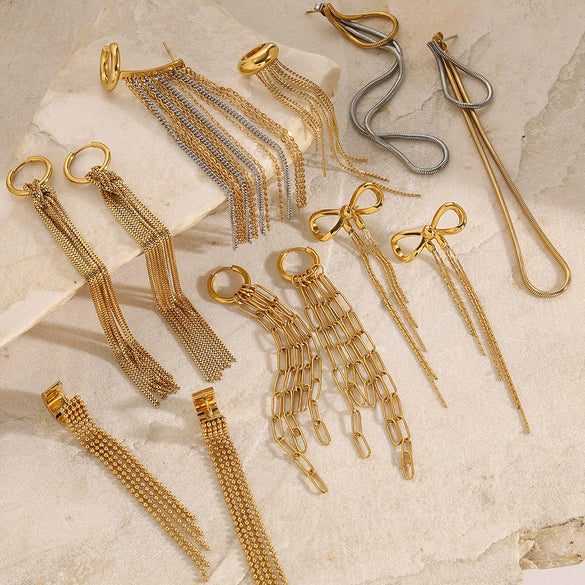 Wholesale Stainless Steel Tassel Earrings With Geometric Design And Electroplating For Women