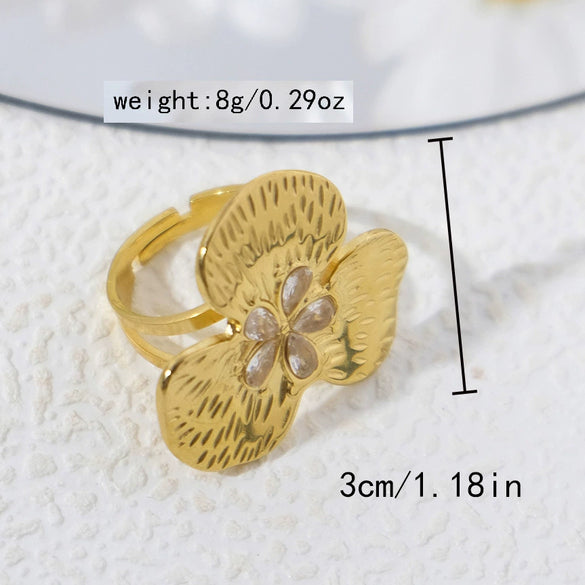 Wholesale Stainless Steel Threepetal Flower Shining Zircon Inlaid Electroplated Unisex Ring