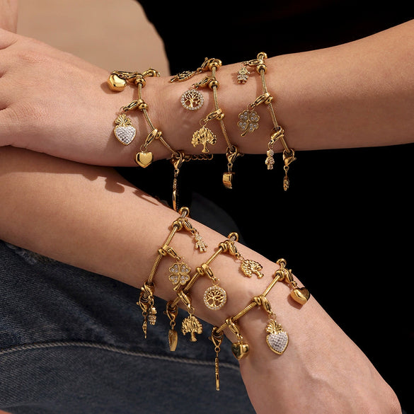 Wholesale Stainless Steel Tree Of Life Zircon Inlaid Geometric Pattern Diy Multiaccessory Bracelet 18K Real Gold Plated For Women