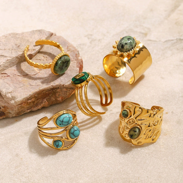 Wholesale Stainless Steel Turquoise Natural Stone Ring With Electroplating For Women High End Niche Style Geometric Design