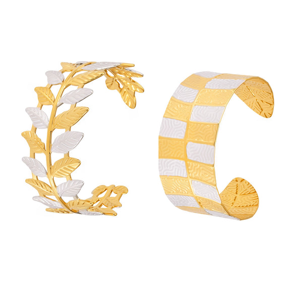 Wholesale Stainless Steel Twotone Leaf Open Bracelet Gold Plated Fashion Exaggerated Wide Version
