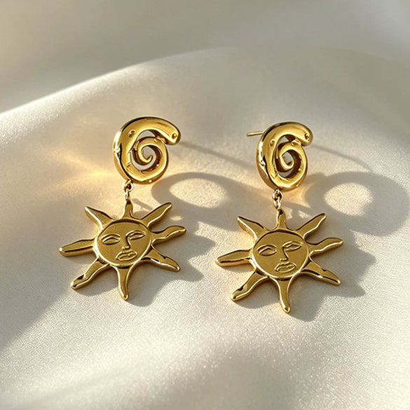 Wholesale Stainless Steel Vacuum Electroplated Geometric Shape Sun Pendant Earrings Retro Totem Style For Women