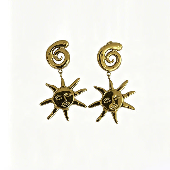 Wholesale Stainless Steel Vacuum Electroplated Geometric Shape Sun Pendant Earrings Retro Totem Style For Women