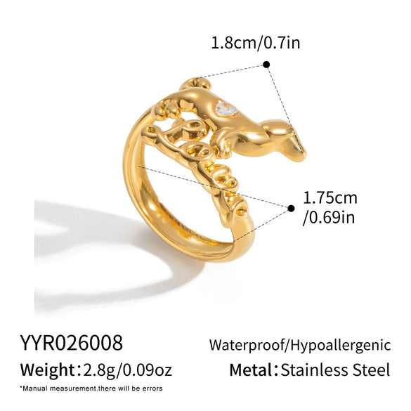 Wholesale Stainless Steel Vacuumplated 18K Gold Sweet Style Rhinestone Puppy And Kitten Open Ring For Women Highend Jewelry