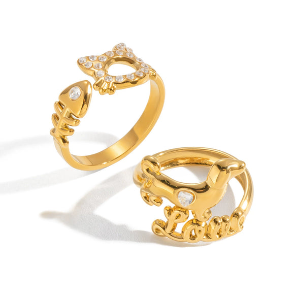 Wholesale Stainless Steel Vacuumplated 18K Gold Sweet Style Rhinestone Puppy And Kitten Open Ring For Women Highend Jewelry
