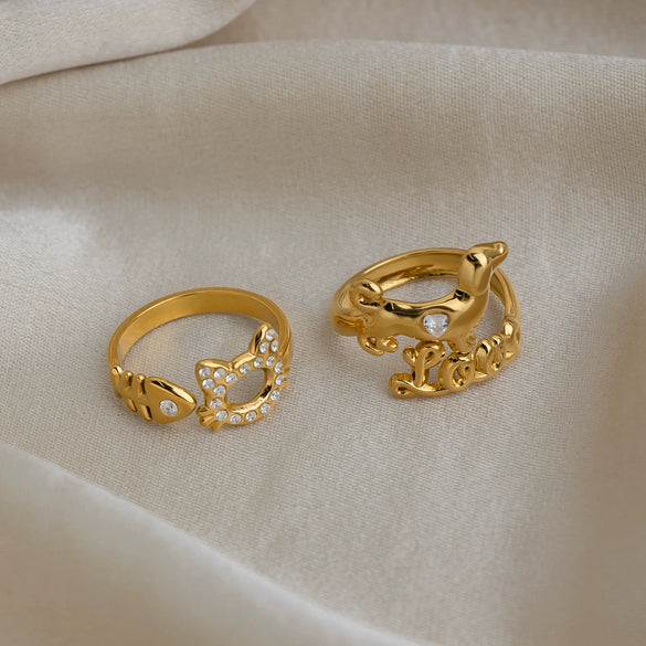 Wholesale Stainless Steel Vacuumplated 18K Gold Sweet Style Rhinestone Puppy And Kitten Open Ring For Women Highend Jewelry