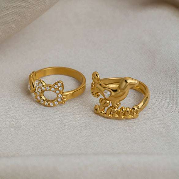 Wholesale Stainless Steel Vacuumplated 18K Gold Sweet Style Rhinestone Puppy And Kitten Open Ring For Women Highend Jewelry