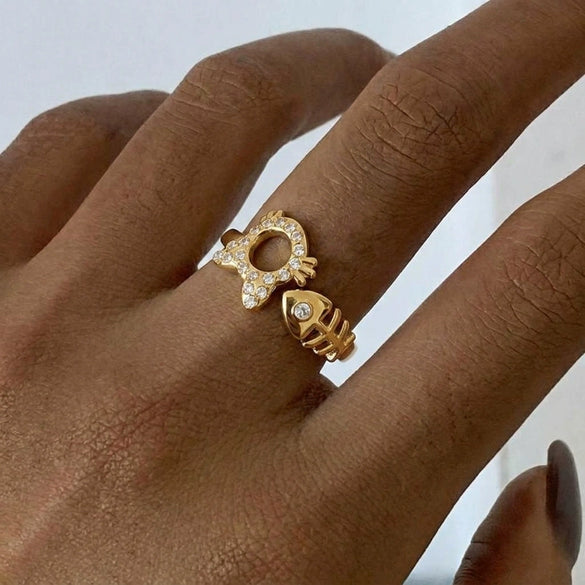 Wholesale Stainless Steel Vacuumplated 18K Gold Sweet Style Rhinestone Puppy And Kitten Open Ring For Women Highend Jewelry