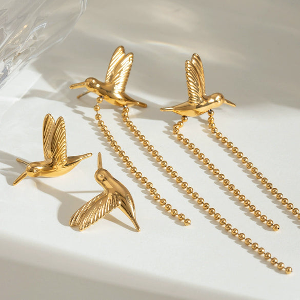 Wholesale Stainless Steel Vintage Geometric Bird Hollow Wings Bead Chain Tassel Ear Clip Earrings Jewelry