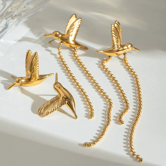Wholesale Stainless Steel Vintage Geometric Bird Hollow Wings Bead Chain Tassel Ear Clip Earrings Jewelry