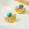 Wholesale Stainless Steel Vintage Geometric Fanshaped Goldplated Inlaid Blue Turquoise Earrings For Women
