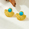 Wholesale Stainless Steel Vintage Geometric Fanshaped Goldplated Inlaid Blue Turquoise Earrings For Women