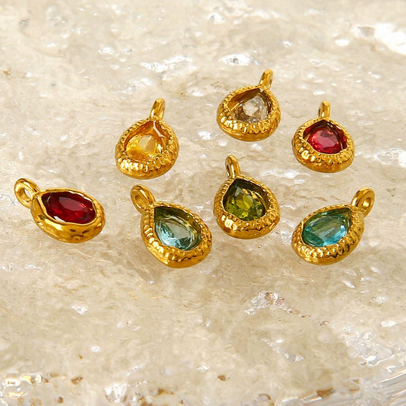 Wholesale Stainless Steel Water Drop Pattern Inlayed 18K Gold Plated Hammered Pendant Jewelry Accessory Charm