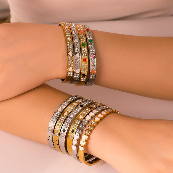 Wholesale Stainless Steel Waterproof Inlaid Zircon White Shell Full Diamond 18K Gold Color Bracelet With 18K Furnace Vacuum Plating