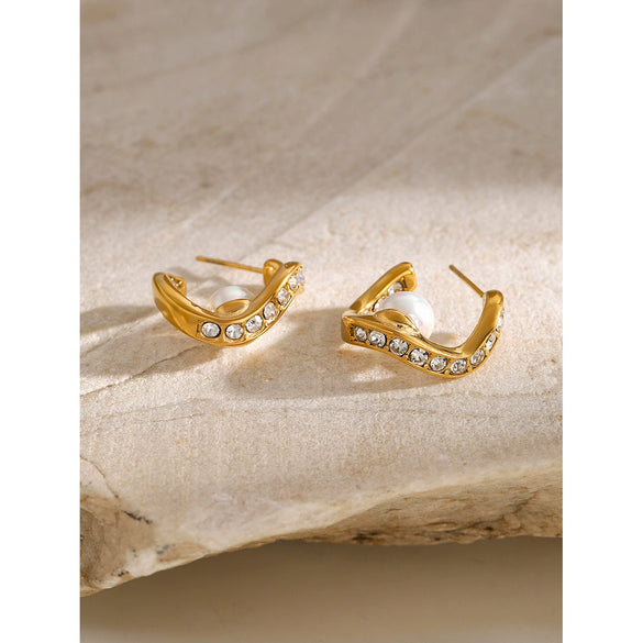 Wholesale Stainless Steel Wave Shape Diamond Beads Earrings With Electroplating For Women