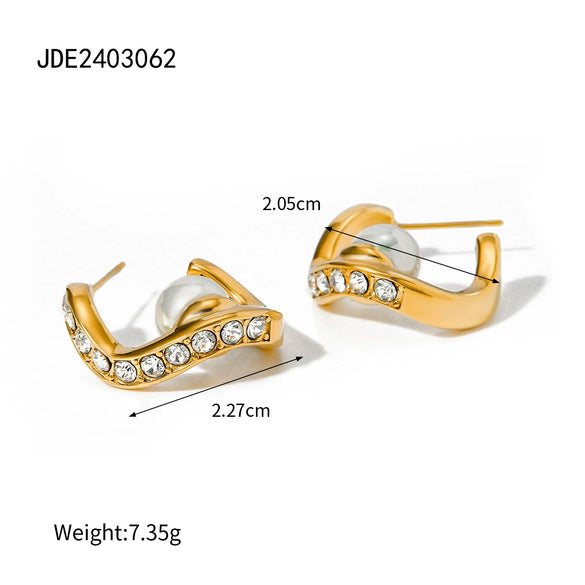 Wholesale Stainless Steel Wave Shape Diamond Beads Earrings With Electroplating For Women