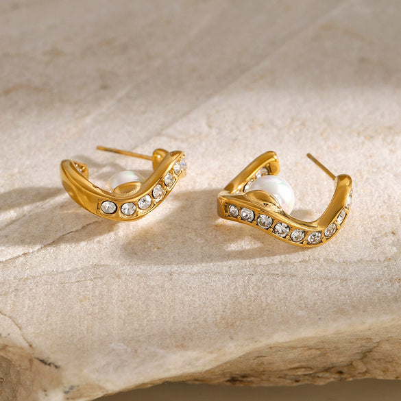 Wholesale Stainless Steel Wave Shape Diamond Beads Earrings With Electroplating For Women