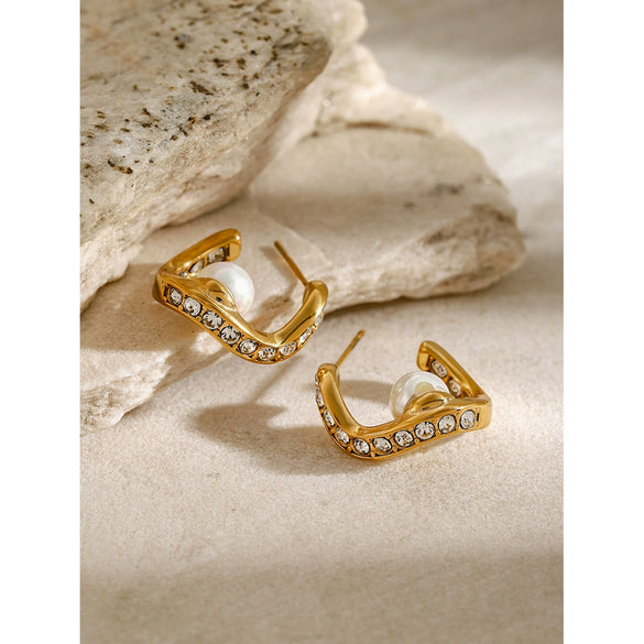 Wholesale Stainless Steel Wave Shape Diamond Beads Earrings With Electroplating For Women
