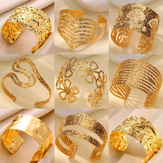 Wholesale Stainless Steel Wide Open Bracelet With Hiphop Style 18K Gold Plated