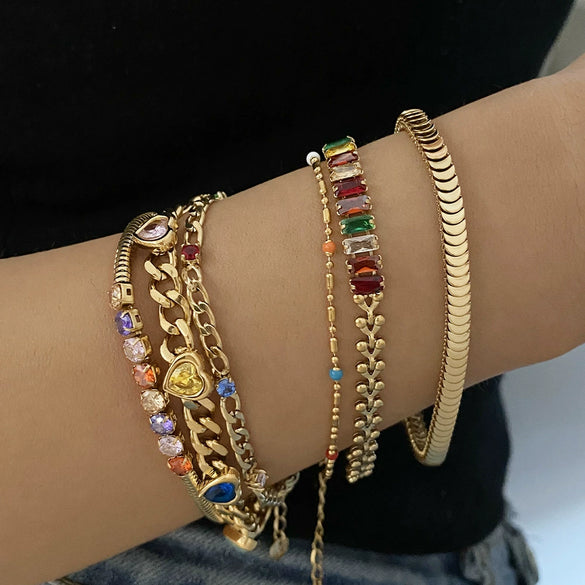Wholesale Stainless Steel Women's Bracelet Set With Exaggerated Design Sense Wheat Chain Stitching Rhombus Pattern And Electroplating