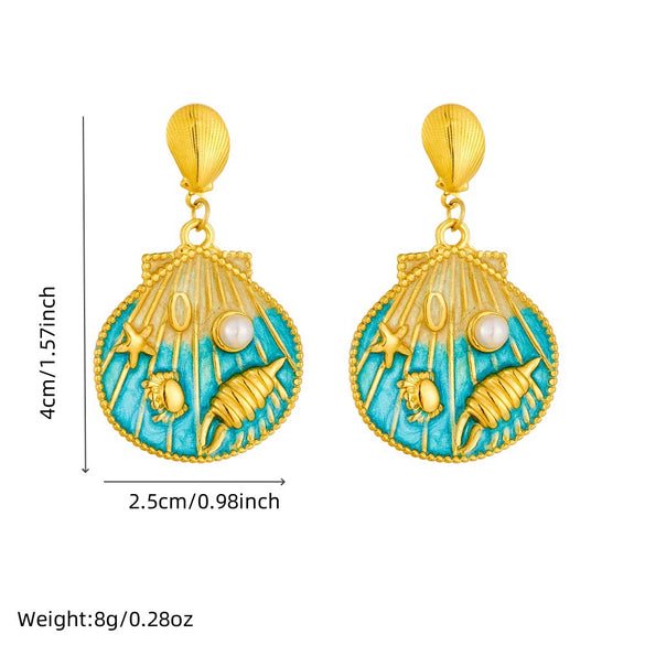 Wholesale Stainless Steel Women's Cartoon Geometric Dripping Oil Ocean Wind Pendant Earrings With Scallop Starfish Shell