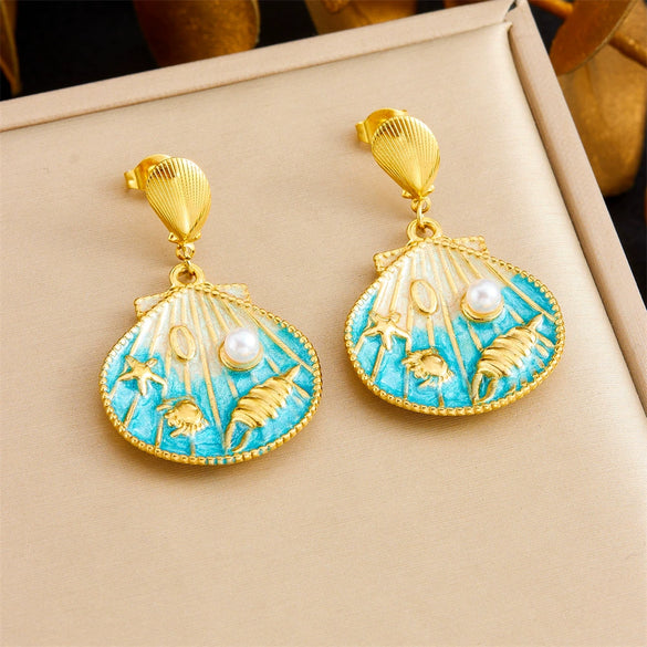 Wholesale Stainless Steel Women's Cartoon Geometric Dripping Oil Ocean Wind Pendant Earrings With Scallop Starfish Shell