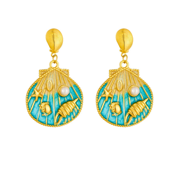 Wholesale Stainless Steel Women's Cartoon Geometric Dripping Oil Ocean Wind Pendant Earrings With Scallop Starfish Shell
