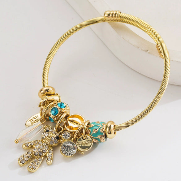 Wholesale Stainless Steel Women's Cartoon Style Bracelet Set With Diamonds And Bear Letter Pendant