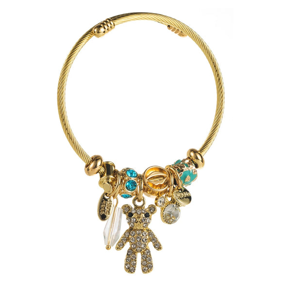 Wholesale Stainless Steel Women's Cartoon Style Bracelet Set With Diamonds And Bear Letter Pendant