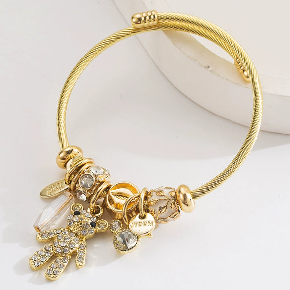 Wholesale Stainless Steel Women's Cartoon Style Bracelet Set With Diamonds And Bear Letter Pendant
