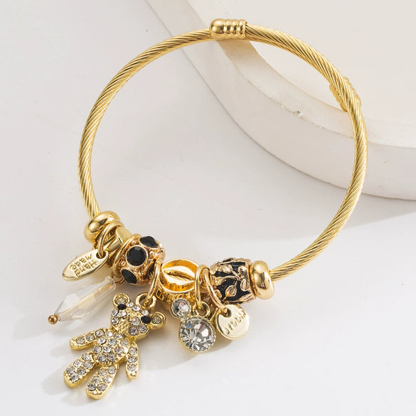Wholesale Stainless Steel Women's Cartoon Style Bracelet Set With Diamonds And Bear Letter Pendant