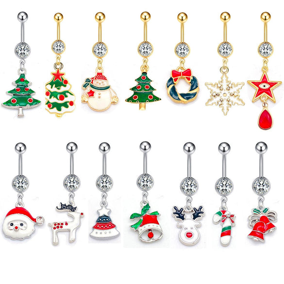Wholesale Stainless Steel Women's Christmas Navel Ring With Santa Claus Snowflake Elk Pendant Electroplated