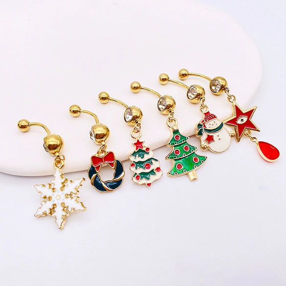 Wholesale Stainless Steel Women's Christmas Navel Ring With Santa Claus Snowflake Elk Pendant Electroplated