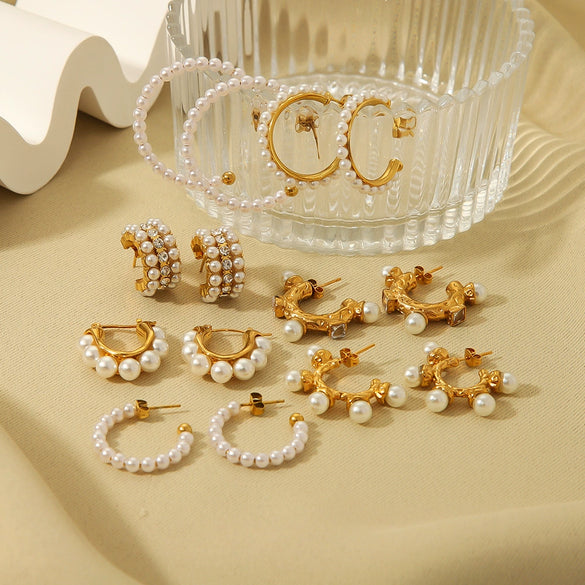Wholesale Stainless Steel Women's Earrings Inlaid With Zircon Rice Beads C Shaped Geometric 18K Vacuum Plated In Furnace