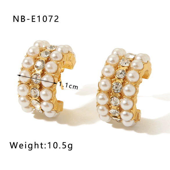 Wholesale Stainless Steel Women's Earrings Inlaid With Zircon Rice Beads C Shaped Geometric 18K Vacuum Plated In Furnace
