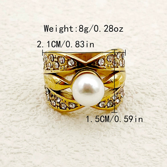 Wholesale Stainless Steel Women's Exaggerated Elegant Ring With Pearl Diamond In French Retro Style And Electroplating Treatment