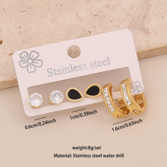 Wholesale Stainless Steel Women's Fashion Earrings With Geometric Square Heart Flower And Drop Shapes Set With Diamonds
