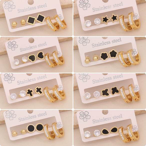 Wholesale Stainless Steel Women's Fashion Earrings With Geometric Square Heart Flower And Drop Shapes Set With Diamonds