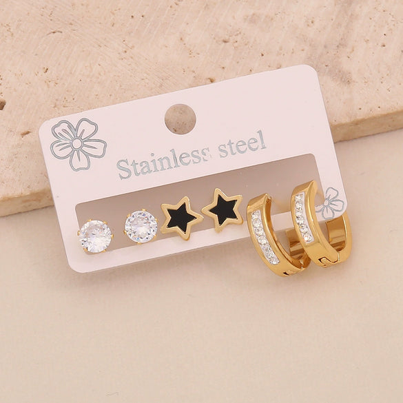 Wholesale Stainless Steel Women's Fashion Earrings With Geometric Square Heart Flower And Drop Shapes Set With Diamonds