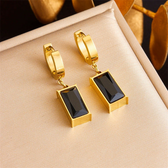 Wholesale Stainless Steel Women's Fashion Retro Black Gemstone Square Geometric Pendant Earrings With Electroplating