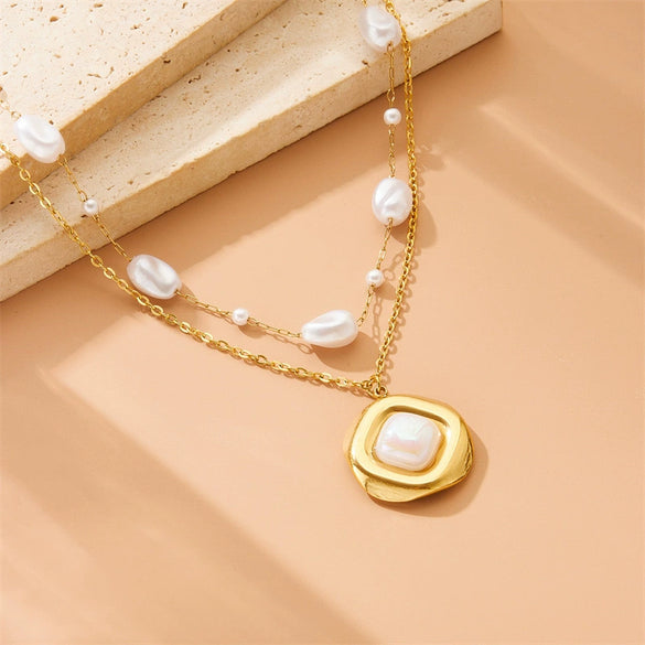 Wholesale Stainless Steel Women's Geometric Double Layer Stacked Inlaid Pearl Necklace With Electroplating