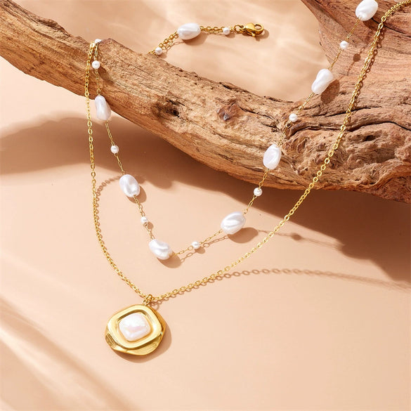 Wholesale Stainless Steel Women's Geometric Double Layer Stacked Inlaid Pearl Necklace With Electroplating