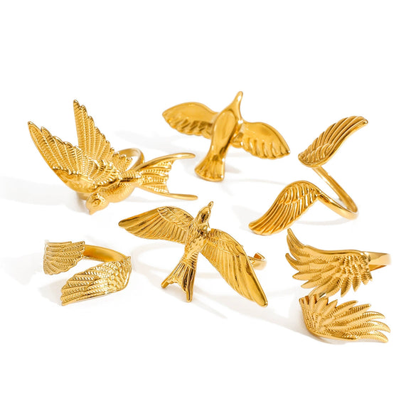 Wholesale Stainless Steel Women's Geometric Open Ring With Wings And Bird Design Electroplated